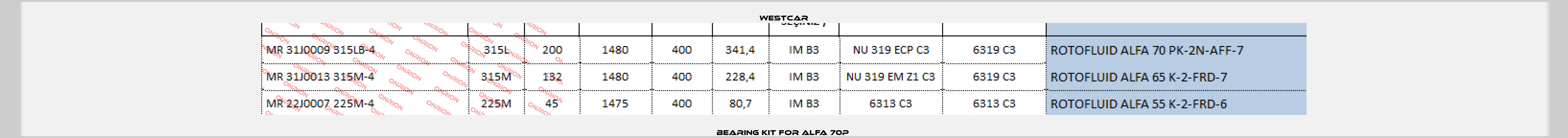 Bearing kit for Alfa 70P  Westcar