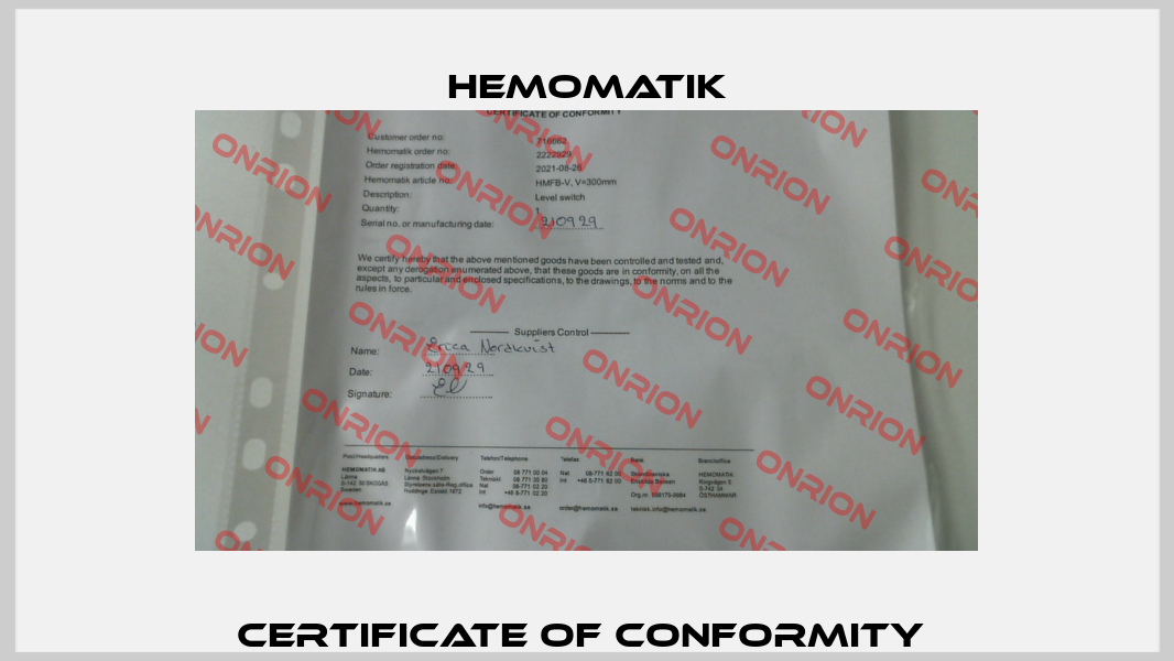CERTIFICATE OF CONFORMITY  Hemomatik